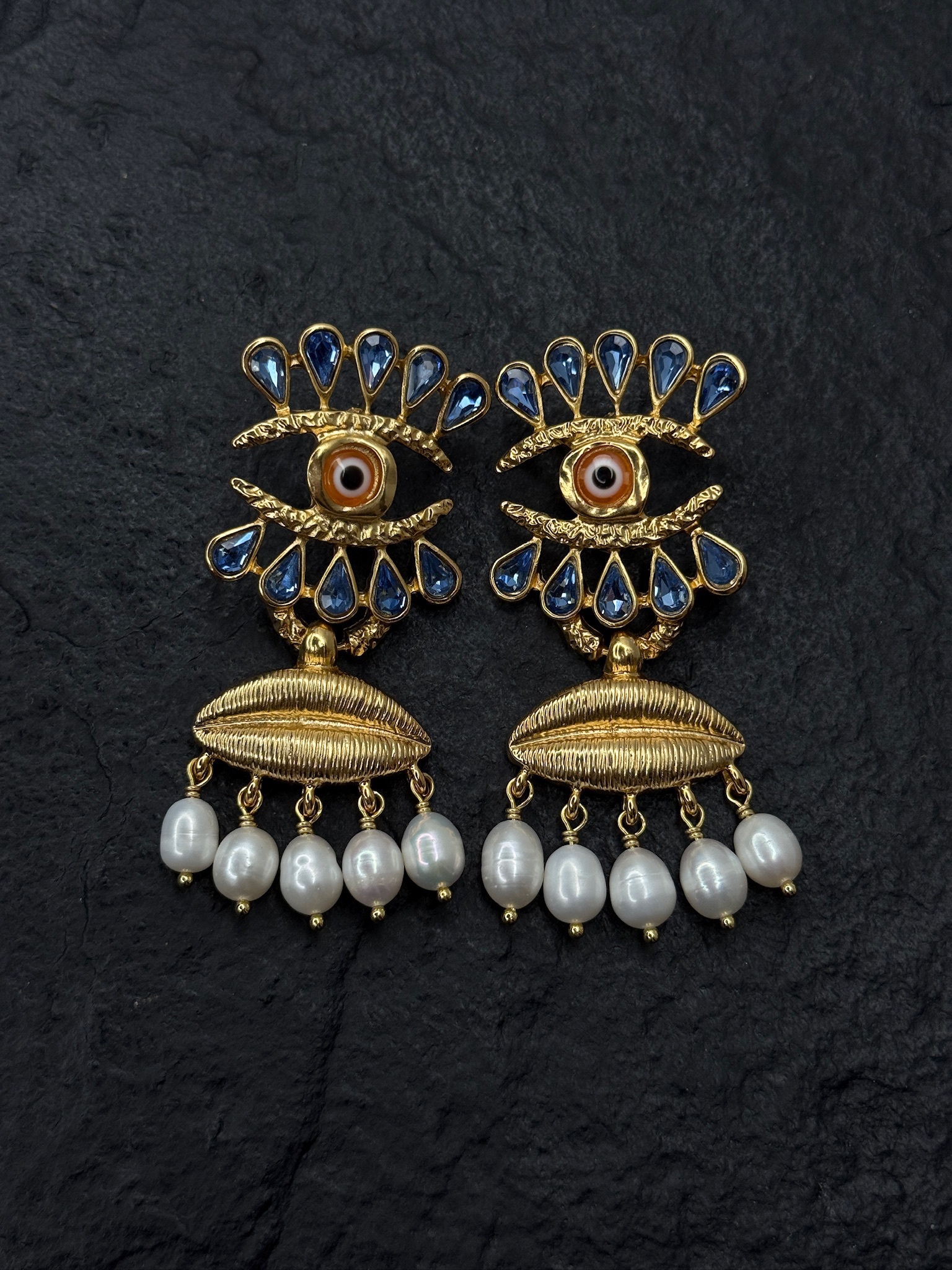 Серьги крупные с жемчугом и вставками из ювелирного стекла