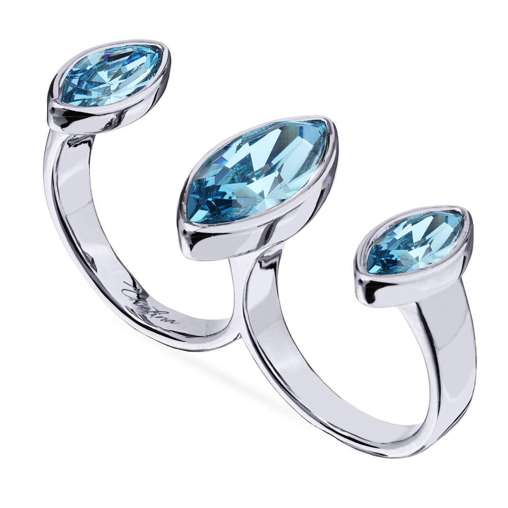 кольцо Эйва двойное (кристаллы SW аквамарин; покрытие родий)