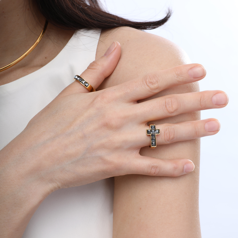 Кольцо Квадро (кристаллы SW темно-серые; покрытие золото)