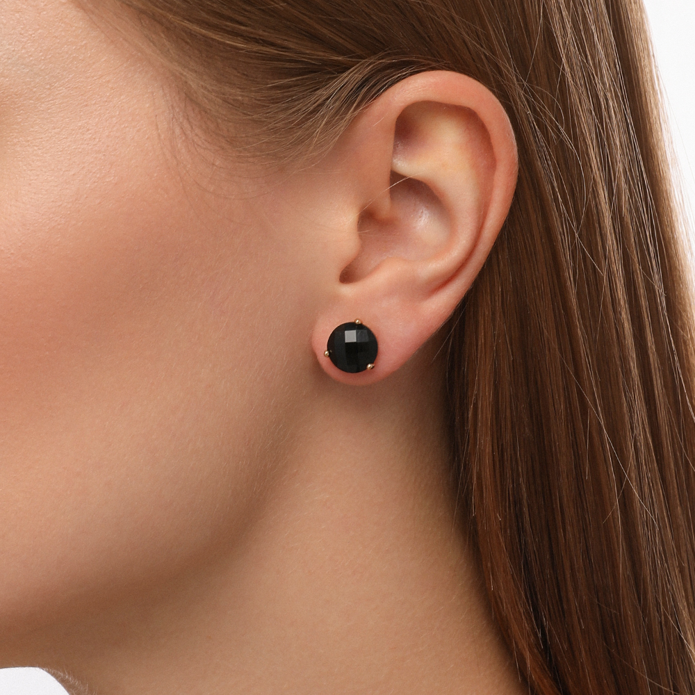 Пусеты (агат 10мм черный; покрытие золото)