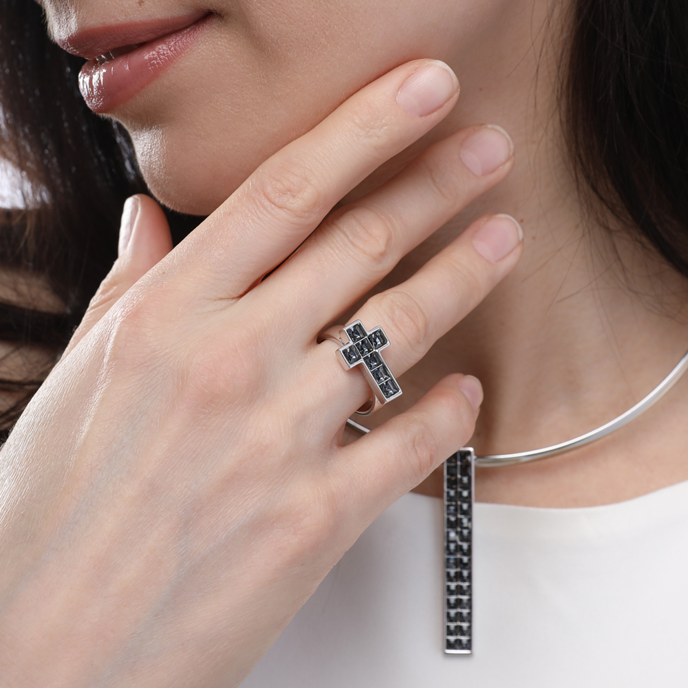 Кольцо Квадро (кристаллы SW темно-серые; покрытие родий)