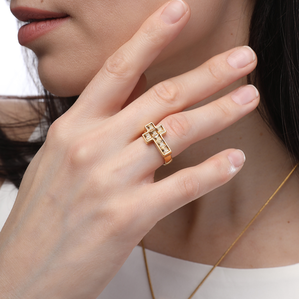 Кольцо Квадро (кристаллы SW шампань; покрытие золото)