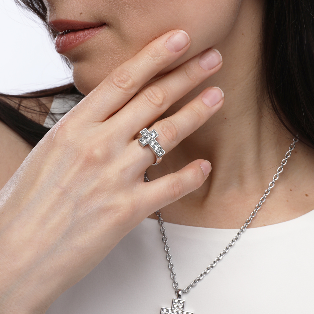 Кольцо Квадро (кристаллы SW белые; покрытие родий)